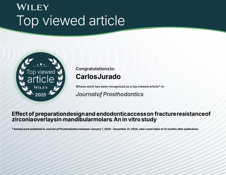 Wiley Top Viewed Article certificate, Journal of Prosthodontics