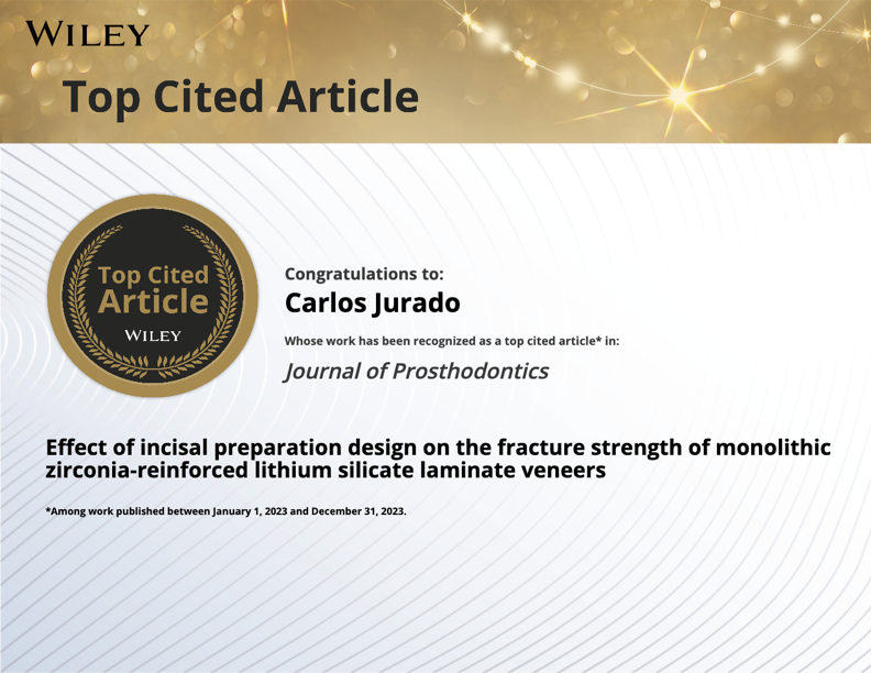 Wiley Top Cited Article certificate, Journal of Prosthodontics